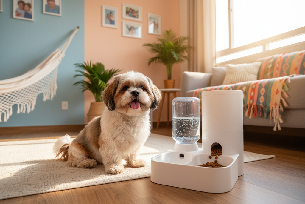 Shih Tzu ao lado do dispensador automático