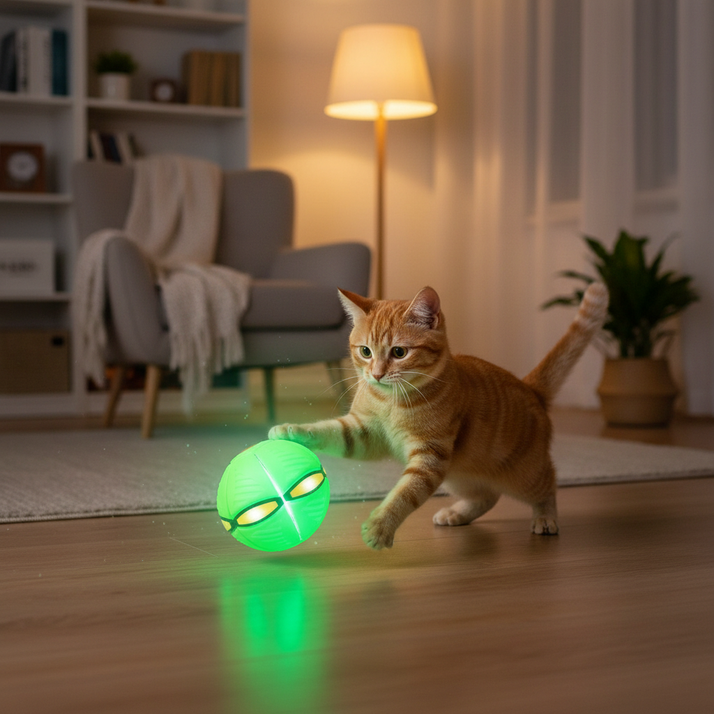 Gato brincando com a Bola Disco Voador com LED verde dentro de casa