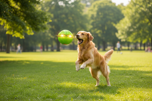 Cachorro golden retriever brincando com a Bola Disco Voador com LED no parque