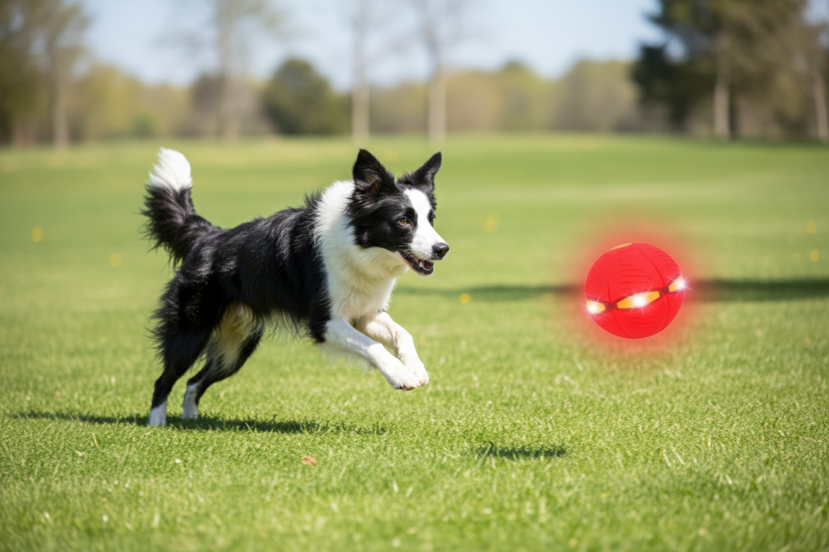 Border collie correndo atrás da Bola Disco Voador com LED vermelha na grama