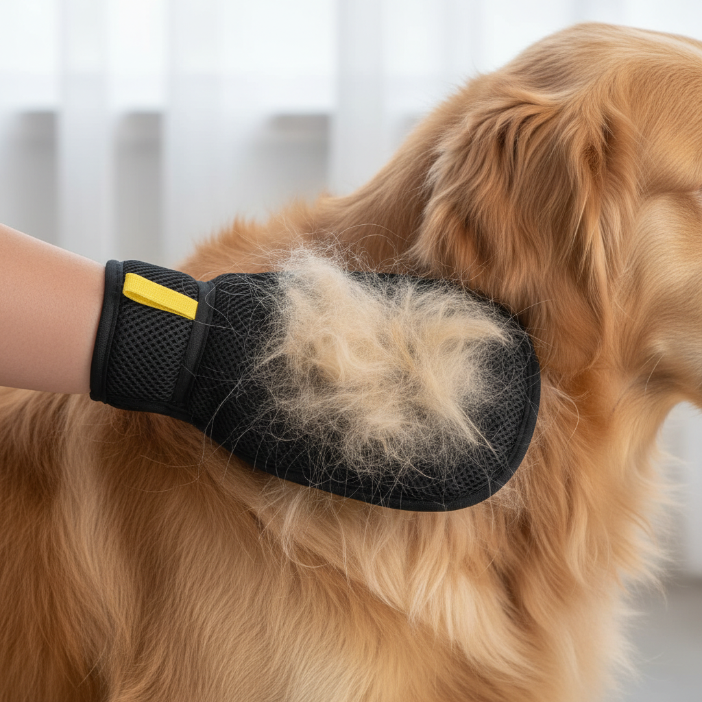 Luva preta removedora de pelos escovando golden retriever com pelos sendo coletados