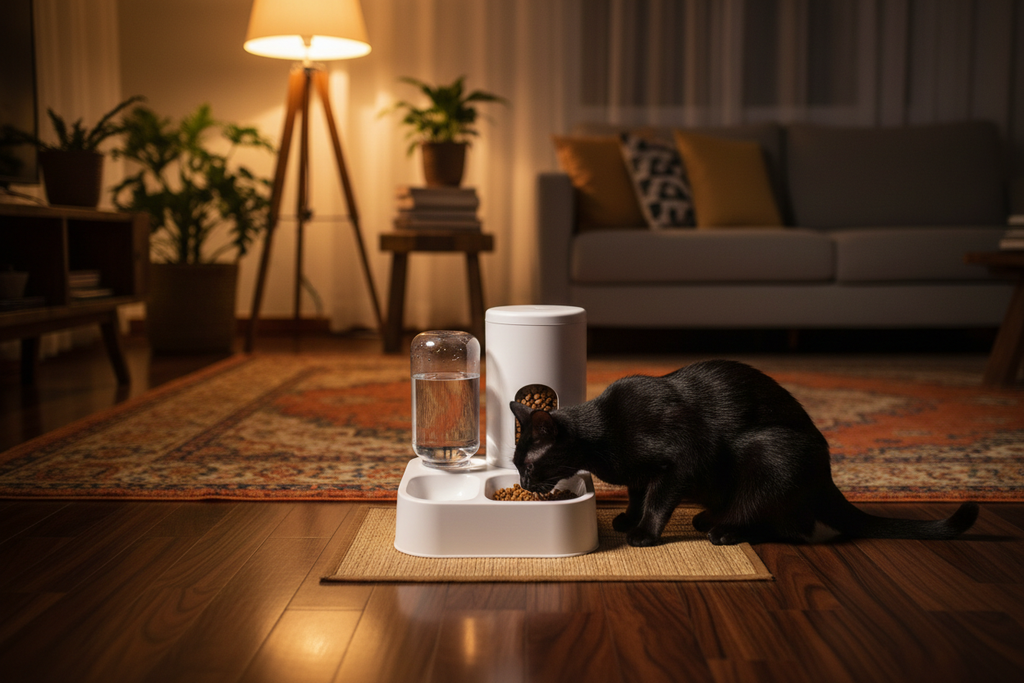 Gato preto comendo no dispensador à noite