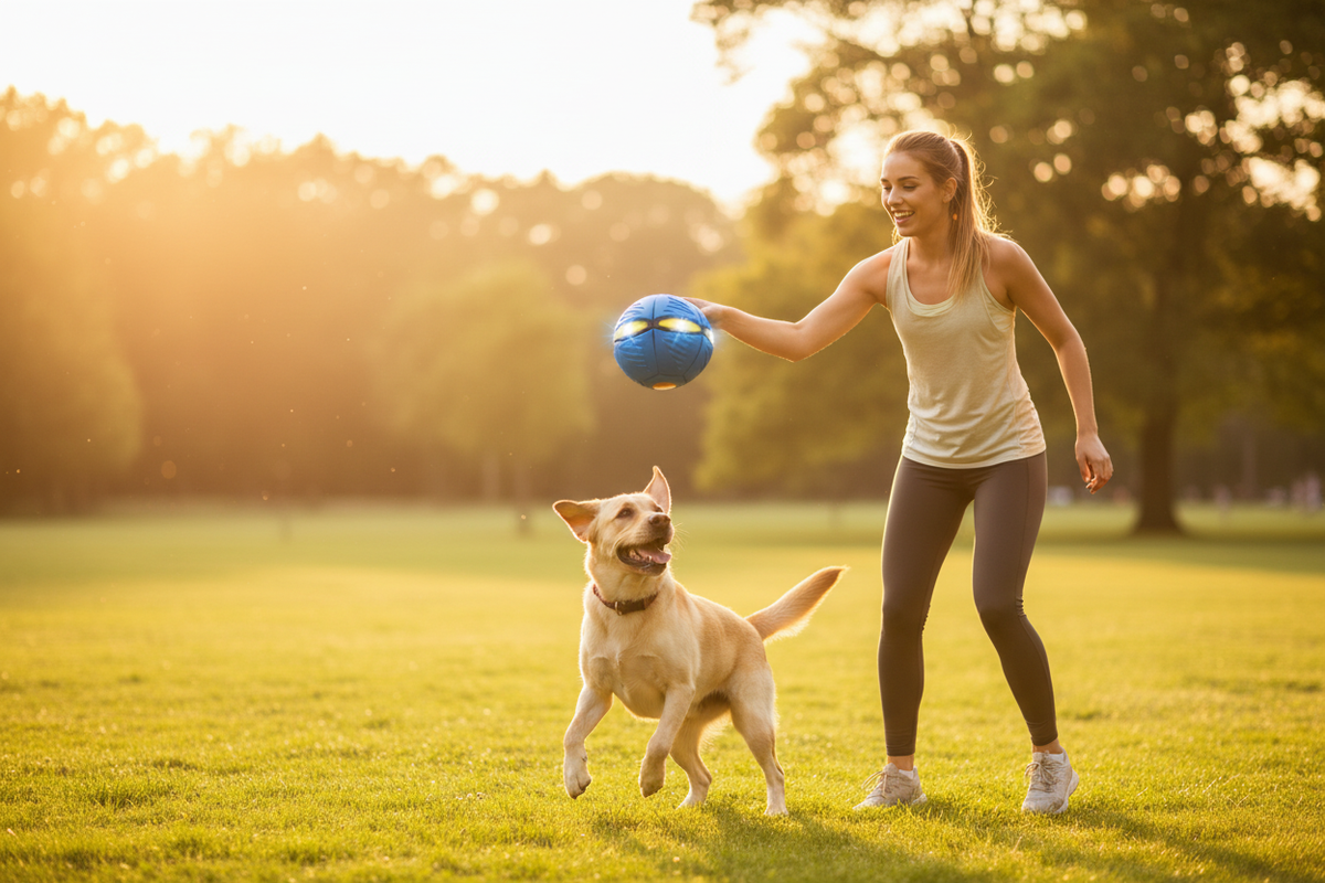Tutora jogando a Bola Disco Voador com LED azul para seu labrador no parque