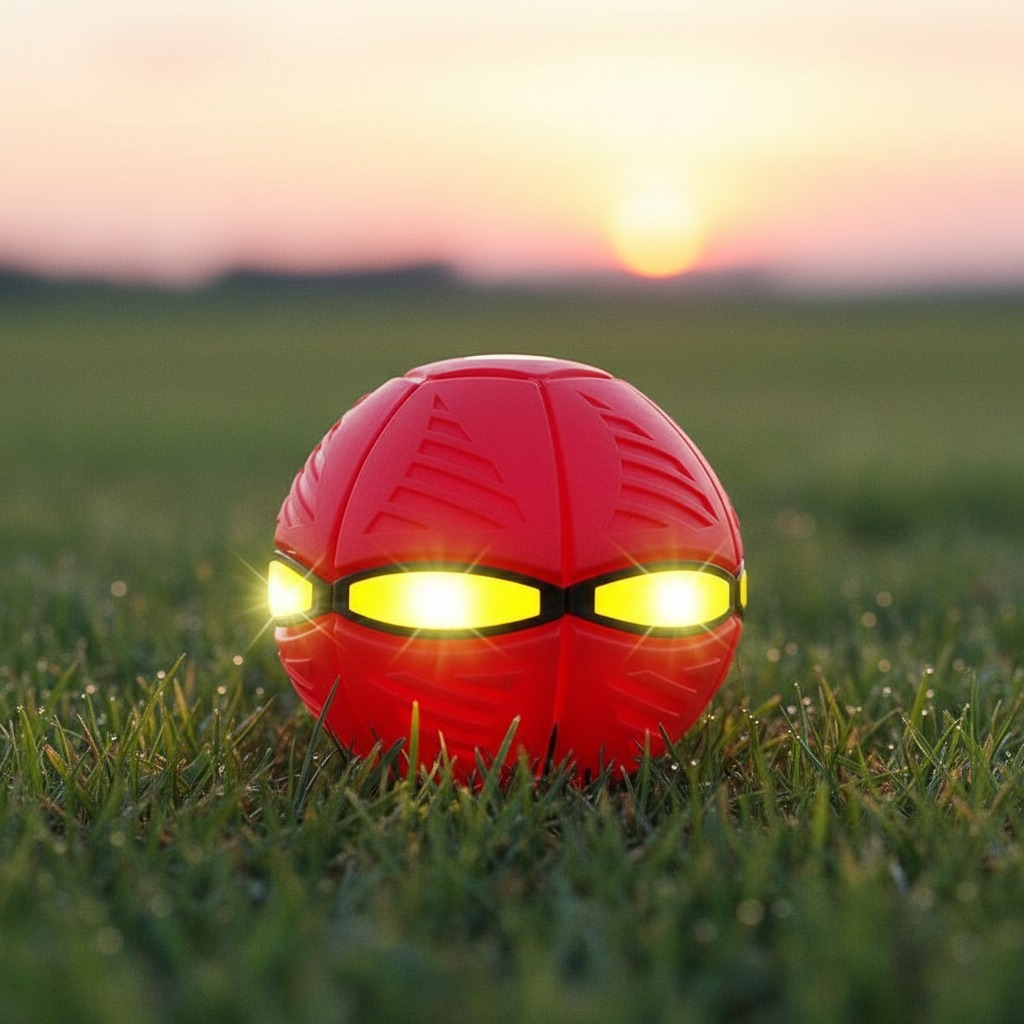 Bola Disco Voador com LED vermelha brilhando na grama ao entardecer