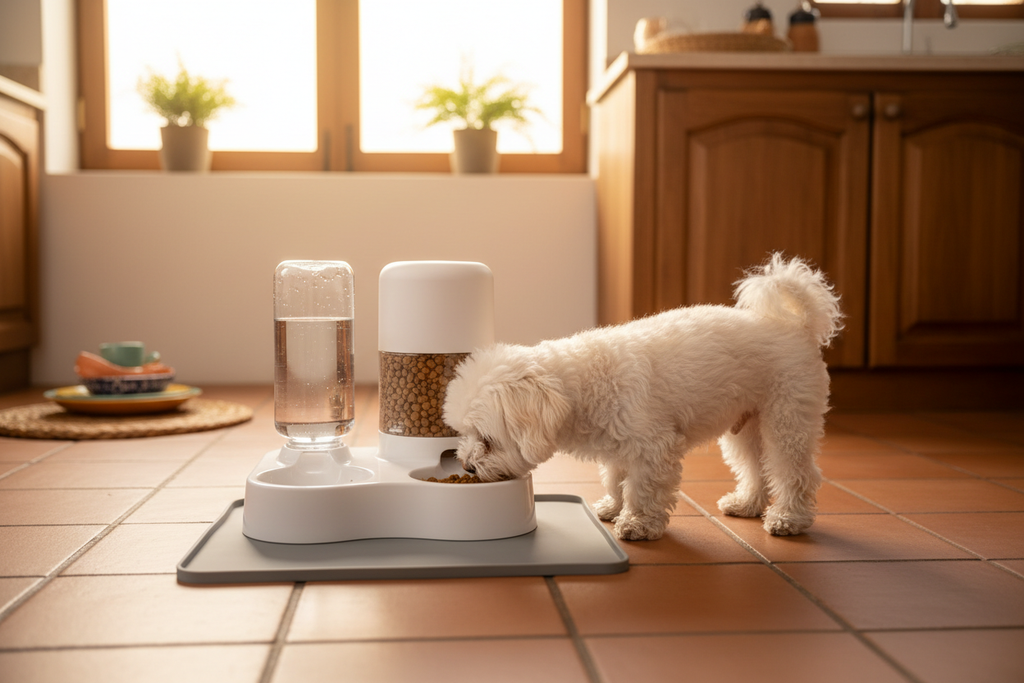 Cachorrinho branco comendo no dispensador automático