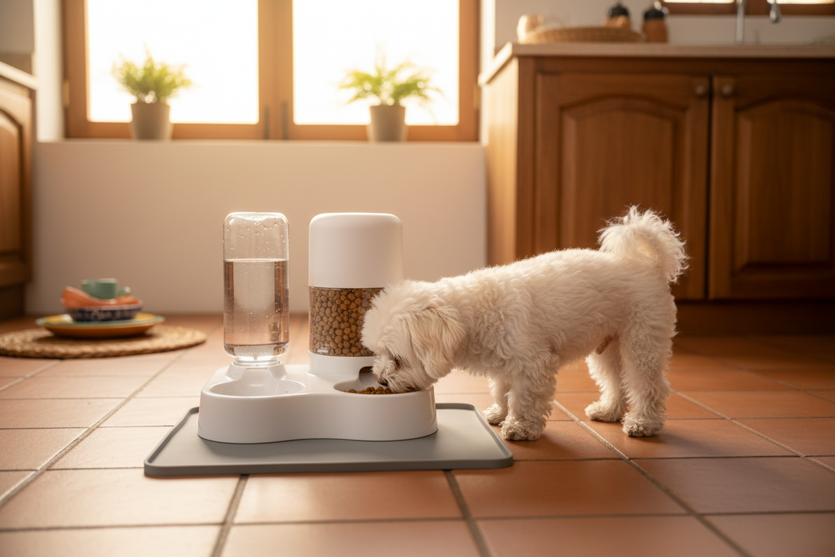 Cachorrinho branco comendo no dispensador automático